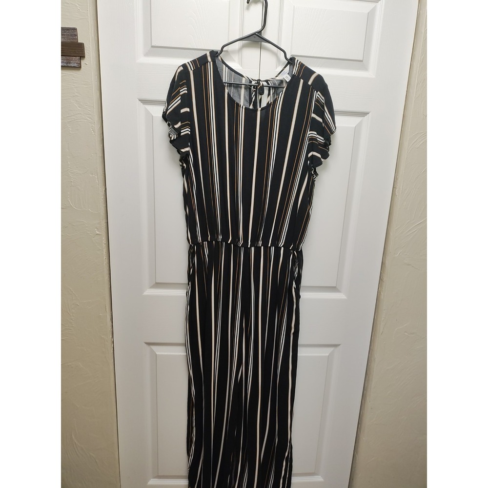 Time And True Short Sleeve Wide Leg Jumpsuit With Black Base Vertical White And